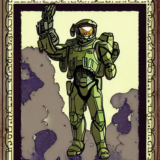 Image similar to art nouveau master chief in the style of norman rockwell