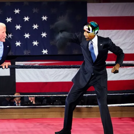 Prompt: obama boxing joe biden, photo, mid fight, intense