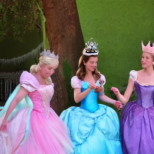 Prompt: a princess tea party with aurora, belle, and cinderella