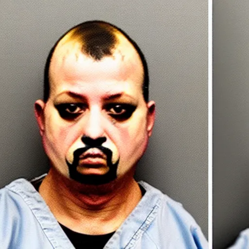 Image similar to chicken dressed with inmate clothes, mugshot in a police station