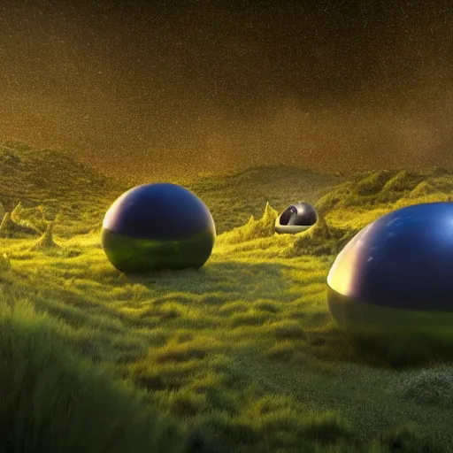 Image similar to a spherical shoe, beautiful wonderland, smoke - filled ， green hill, many interstellar plants, there is a camp next to it dinosaur and man dance together, futuristic concept design, airscape, high detail render by octane, unreal engine, 8 k, cinematic