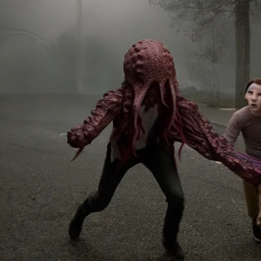 Prompt: a mind flayer chasing a teen in a horror TV series