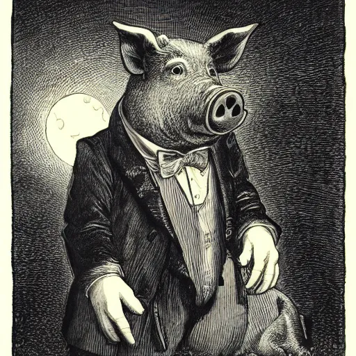 Image similar to closeup portrait of a pig in a tuxedo, dramatic lighting, farm background, moon, chiaroscuro, high detail, illustration by gustave dore