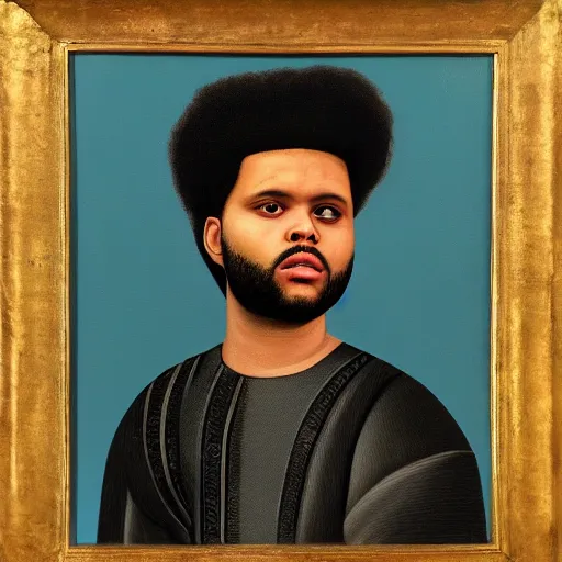 Image similar to a renaissance style portrait painting of the weeknd