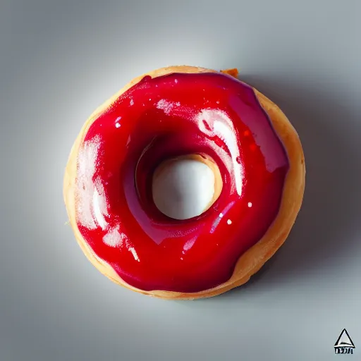Image similar to Perfectly circular donut!!!!! in the style of a cherry!!!!!!, cherry donut!!!!, trending on artstation, 4k, 8k, professional photography, overhead shot, 35mm lens