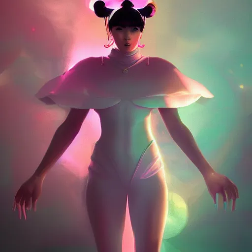 Image similar to long Shot of psychedelic Chun-Li standing in misty chromatic astral temple , stylish, lsd, soft, trending on artstation, cinematic, artwork by WLOP