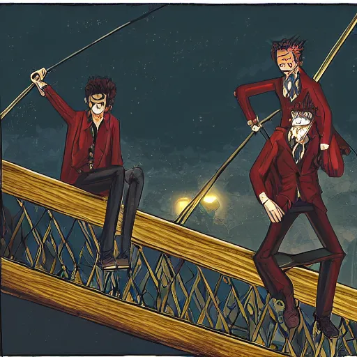 Prompt: two young men, one man human, one man vampire, night, on a birdge, detailed, intricate, aesthetic, artistic, 8 k resolution in the style of one piece