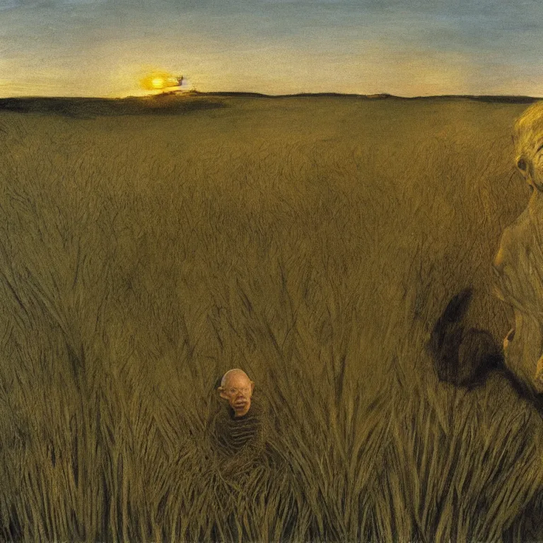 Image similar to An Andrew Wyeth painting of Gollum in a field of wheat at sunset