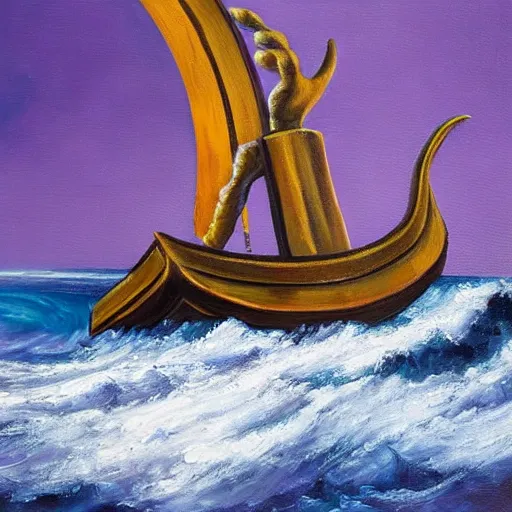 Image similar to an oil painting of a giant purple hand, coming out of the ocean, holding a viking ship