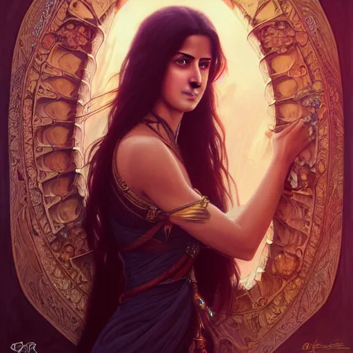 Prompt: beautiful young katrina kaif, closeup, d & d, fantasy, intricate, elegant, highly detailed, digital painting, artstation, concept art, matte, sharp focus, illustration, art by artgerm and greg rutkowski and alphonse mucha