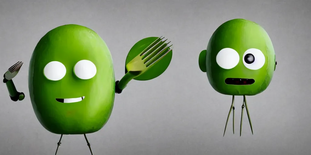 Image similar to robot with avocado head and cute eyes that has forks instead of arms