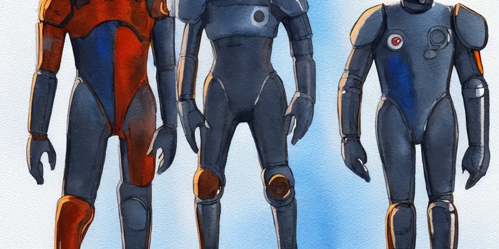 Image similar to male, full body, wide shot, modern space suit, intriguing helmet, stylized character design, the expanse tv series, large shoulders, short torso, long thin legs, tiny feet, science fiction, hyperdetailed, technical suit, dieselpunk, watercolor digital painting, in the style of bruce timm, by alex maleev