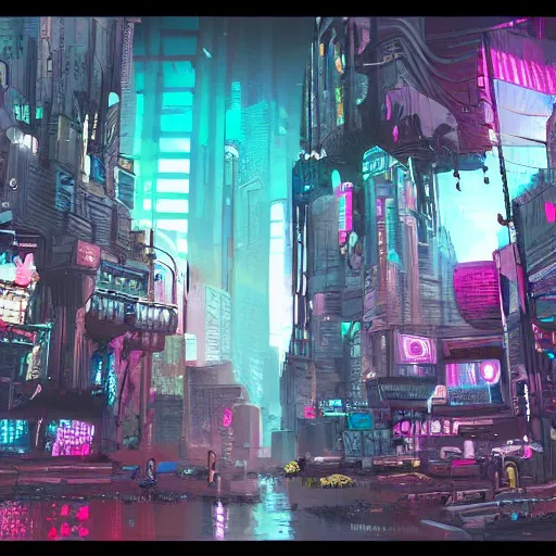 Image similar to digital painting of a cyberpunk city, comic book style, trending on Artstation, hyperdetailed