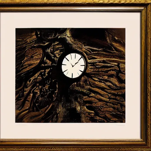 Image similar to a melted clock over a dead tree by salvador dali