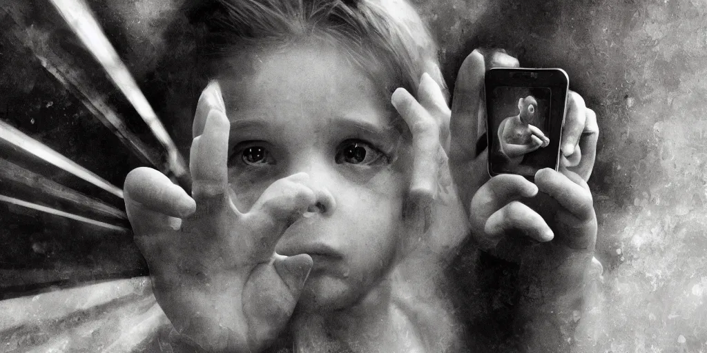 Image similar to cinematic, concept art, hyper realistic, symbolism, Orwellian Smart Phones held in the hand of a child by Scott M Fischer, misty, depth of field, 8k, 35mm film grain, album cover