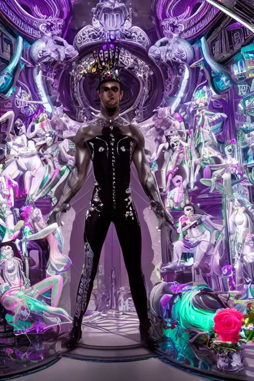 Prompt: full-body rococo and cyberpunk style neon statue of a muscular attractive Jay Sean sim roupa macho dotado e rico android sim roupa reclining con las piernas abiertas e la piroca dura e afuera, glowing white laser eyes, prince crown of red gears, diamonds, swirling black-colored silk fabric. futuristic elements. full-length view. space robots. alien skulls. intricate artwork by caravaggio. Trending on artstation, octane render, cinematic lighting from the right, hyper realism, octane render, 8k, depth of field, 3D