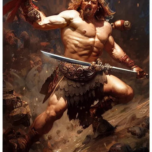 Image similar to muscular male barbarian charging into battle, intricate details, large sword, smoke and fire, by Stanley Artgerm Lau, by greg rutkowski, by thomas kindkade, by alphonse mucha, loish, by norman rockwell J.