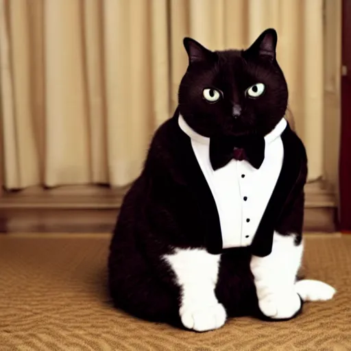 Image similar to photograph of a very fat and judgmental cat wearing a full tuxedo sitting in a dimly lit parlor lounge