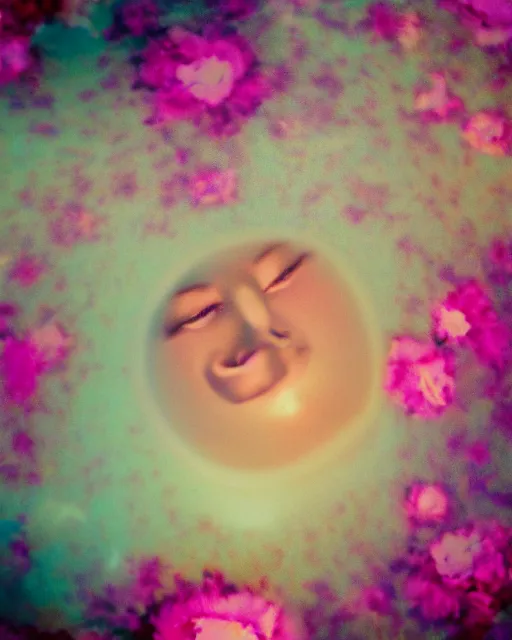 Prompt: oversaturated, burned, light leak, expired film, photo of a woman's serene face submerged in a flowery milkbath, rippling liquid, vintage glow