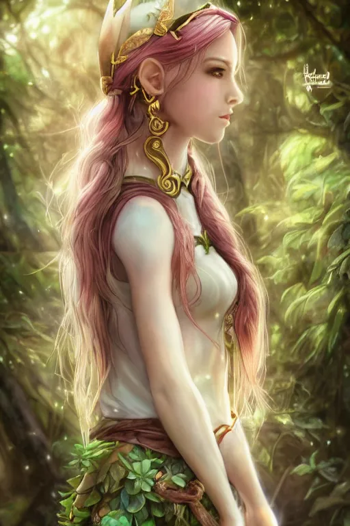 Image similar to beatiful elf princess in an enchanted forest, 3/4 side view, hair jewellery, fully clothed, light mist, light rays sieving through the trees, shallow depth of field, coherent composition, by Yuumei, by Artgerm