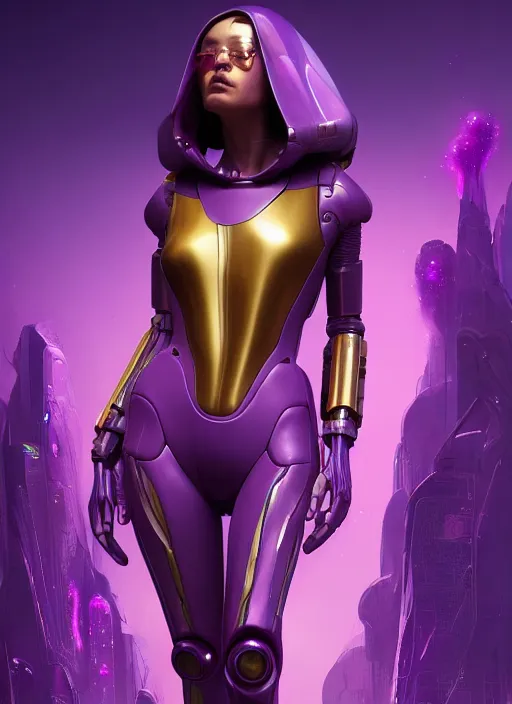 Image similar to young woman : : soft purple - gold galactic cyberpunk : : weta disney pixar movie still photo : : hi - fructose, sci fi, fantasy, decadent highly - detailed digital painting, heroic pose, full length shot, golden ratio, octane render, artstation, smooth, sharp focus, artgerm, mucha, loish, wlop, gogo