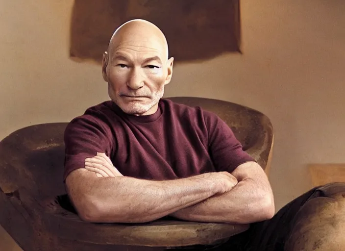 Image similar to patrick stewart sitting in a big bowl of beef stew