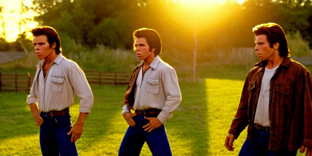 Prompt: the sunset's light beams through a window, timothy chalmette and john travolta as brothers, action pose, outside in a farm, medium close up shot, depth of field, sharp focus, waist up, movie scene, anamorphic, costume art direction style from the movie the outsiders