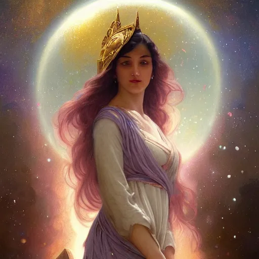 Image similar to galaxy goddess retro fantasy art digital painting, artstation, concept art, soft light, hdri, smooth, sharp focus, illustration, fantasy, intricate, elegant, highly detailed, D&D, matte painting, in the style of Greg Rutkowski and Alphonse Mucha and artemisia, 8k, highly detailed, jurgens, rutkowski, bouguereau, pastoral, rustic, georgic