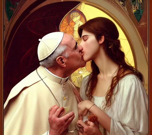 Image similar to photography of a pope kissing the breast of a sensual woman, deep focus, intricate, elegant, highly detailed, digital painting, artstation, concept art, matte, sharp focus, illustration, art by artgerm and greg rutkowski and alphonse mucha