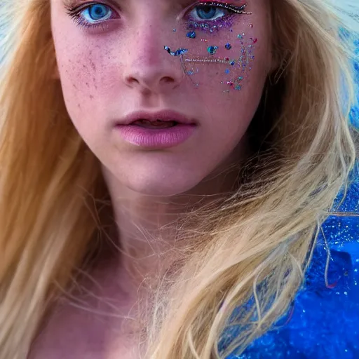 Image similar to close up headshot of a princess with long blonde hair and blue eyes wearing a strapless elaborately beaded pink dress, high resolution film still, 8k, HDR color, film by Simon Langton and David Frankel, triangular face, freckles, round narrow chin, straight jawline