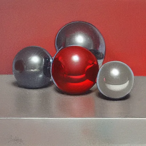 Prompt: chrome spheres on a red cube by pieter jansz saenredam