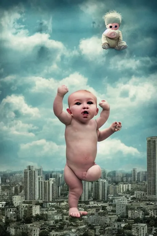 Image similar to evil human giant baby in huggies, grows up to the sky, against the backdrop of destroyed high - rise building, hauntingly surreal, horror, 3 d, 8 k, render, art by fred eric heyman