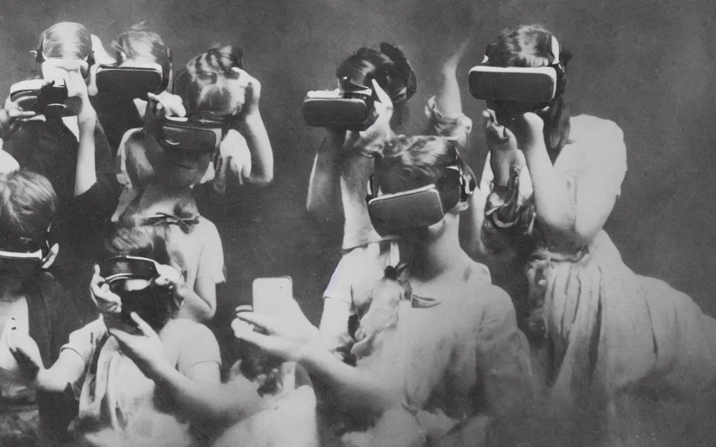 Image similar to 1 9 0 0 s photo of people using iphones ipods virtual reality headsets vr in a movie theater double exposure masterpiece