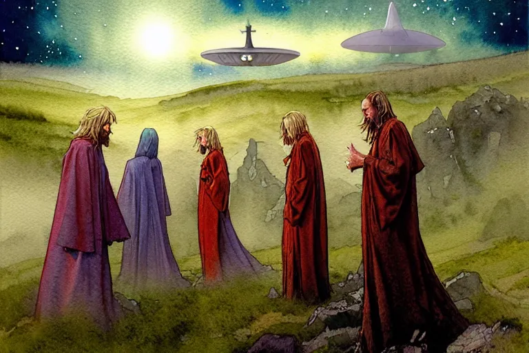 Image similar to a realistic and atmospheric watercolour fantasy character concept art portrait of a group of christians wearing robes and emerging from the mist on the moors of ireland at night. a ufo is in the sky. by rebecca guay, michael kaluta, charles vess and jean moebius giraud