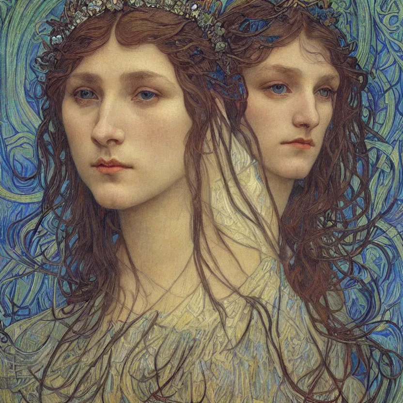 Image similar to detailed realistic beautiful young medieval queen face portrait by jean delville, alphonse mucha, vincent van gogh, and marco mazzoni, art nouveau, symbolist, visionary, gothic, pre - raphaelite