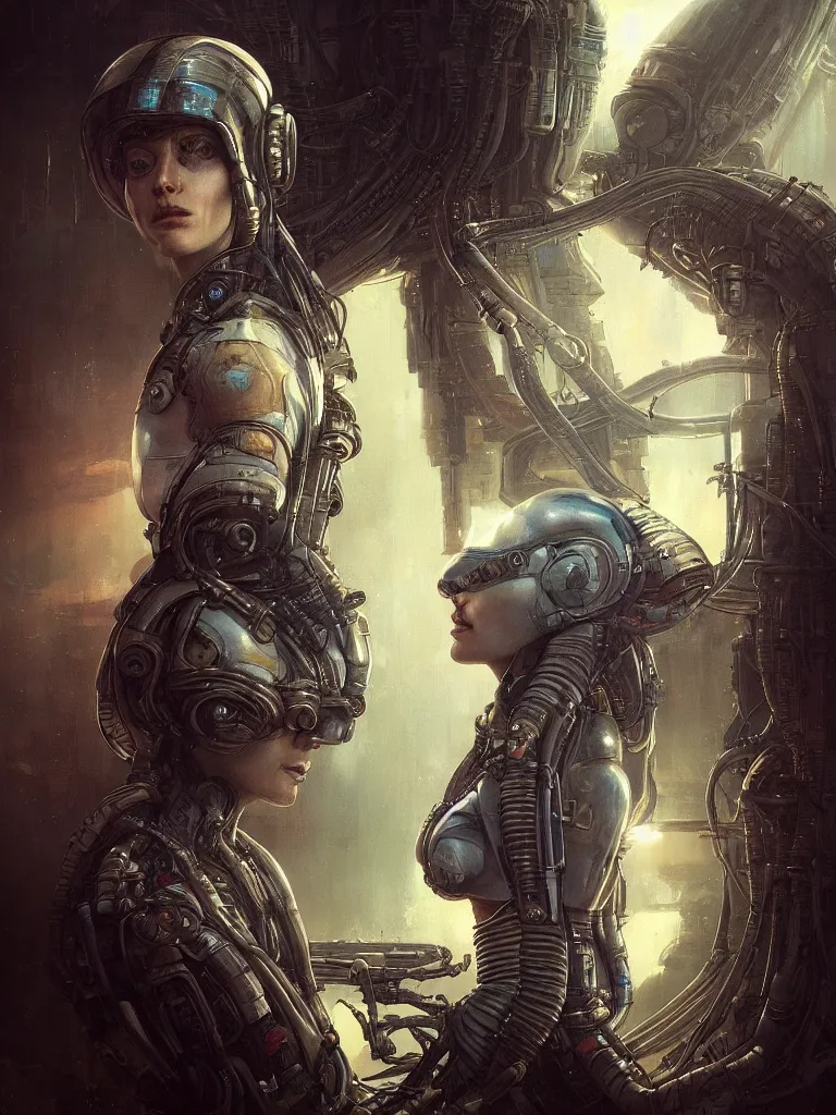 Image similar to a hyperrealistic cyberpunk portrait of a gorgeous woman in the movie Alien, in a derelict spaceship and fractal sunlight, award-winning, masterpiece, in the style of Tom Bagshaw, Cedric Peyravernay, Peter Mohrbacher