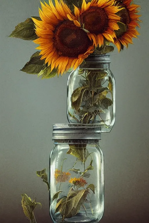 Prompt: beautiful digital botanical illustration sunflowers in a mason jar, by greg rutkowski artstation