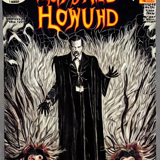 Prompt: vincent price as howard hughes in long black feathered cloak, black hands tipped with black claws, feathers growing out of skin, at opulent desk, comic book cover, vivid, illustration, highly detailed, rough paper, dark, oil painting