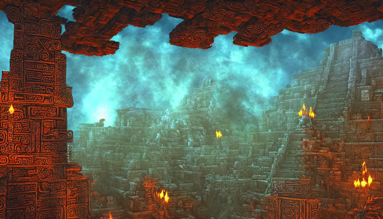 Image similar to majestic ancient mayan temple horizontal tunnel , side-scrolling 2d platformer game level, glittering dust in the air illuminated by torch lights, fantasy totem ruins with intricate mayan glyphs, volumetric light , detailed carved ornaments, rich color, upscale , 8k