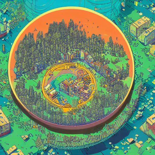 Image similar to hyper detailed comic illustration of a glowing circular portal surrounded by a cybernetic forest , by Josan Gonzalez and Geof Darrow, isometric aerial view, highly detailed, 8k wallpaper