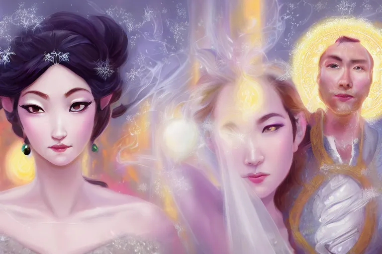 Prompt: a cinematic portrait of wedding photograph jpeg close up moment of a divine a japan sun god and moon goddess lovers magician at a wedding banquet. portraiture. digital painting. artstation. concept art. wedding photo. digital painting. frozen ii art masterpiece by art by krenz cushart