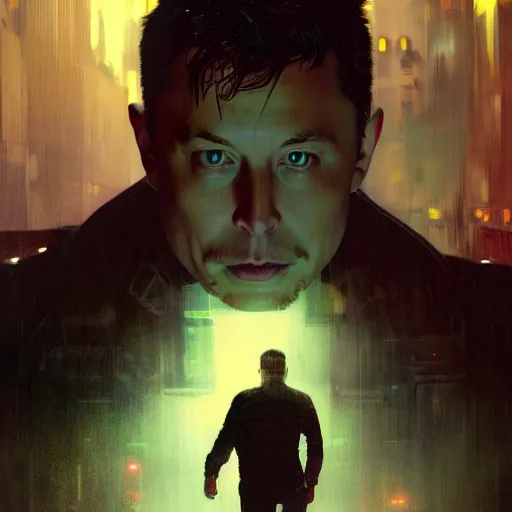 Image similar to elon musk, hyperrealistic portrait, bladerunner street, art of elysium by jeremy mann and alphonse mucha, fantasy art, photo realistic, dynamic lighting, artstation, poster, volumetric lighting, very detailed face, 4 k, award winning