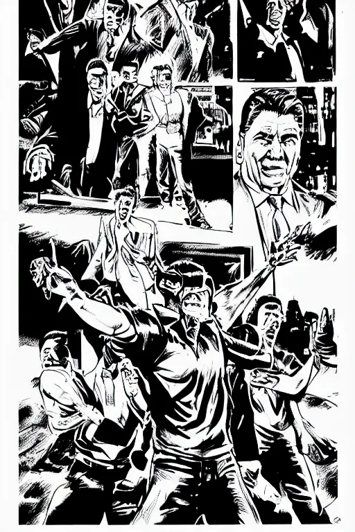 Image similar to ronald reagan, mid - shot, a page from cyberpunk 2 0 2 0, style of paolo parente, style of mike jackson, adam smasher, johnny silverhand, 1 9 9 0 s comic book style, white background, ink drawing, black and white, colouring pages