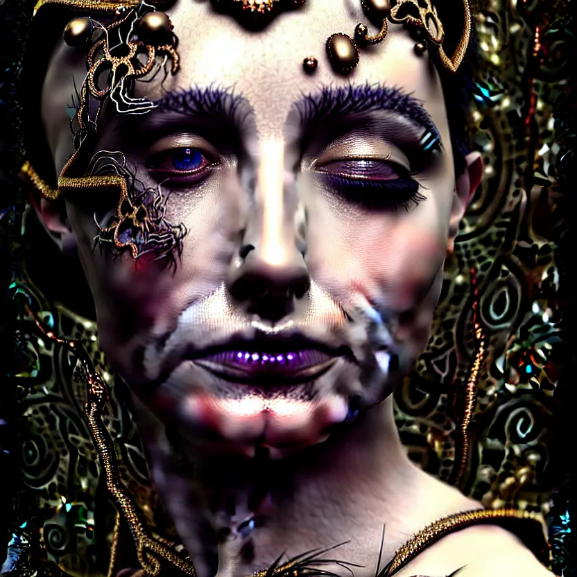 Prompt: mindblowing portrait of the enchantress queen, a stunning timeless beauty, breathtaking eyes, perfect skin, feathered eyelashes, royal gothic dress with a lot of leather, heavy silent hill aesthetic, incredibly intricate, digital art, blender, houdini & photoshop, very elegant & complex, hyper-maximalist, overdetailed, epic cinematic quality, biblical art lighting, photorealistic, lifelike, OLED, DSLR HDR 8k, face is the focus, facial feature symmetry, hyper composed, created by Nixeu & z--ed from deviantart