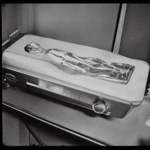 Image similar to 1960s art of Secret government lab. Alien autopsy, polaroid, kodak, film grain