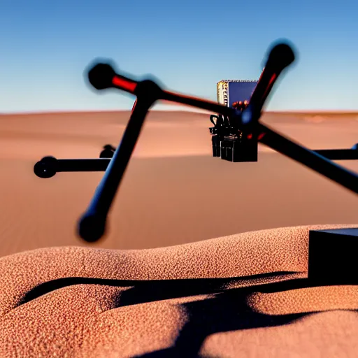 Image similar to 3d printer drone with giant extrusion nozzle in the australian desert, XF IQ4, 150MP, 50mm, F1.4, ISO 200, 1/160s, dawn