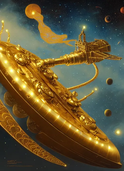 Image similar to Giant golden space cruiser in space , diffuse lighting, fantasy, intricate, elegant, highly detailed, lifelike, photorealistic, digital painting, artstation, illustration, concept art, smooth, sharp focus, art by John Collier and Albert Aublet and Krenz Cushart and Artem Demura and Alphonse Mucha