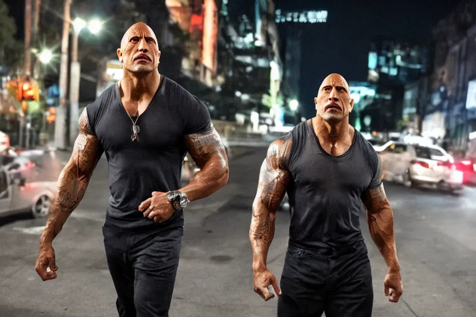 Prompt: Dwayne Johnson on the street in the night, bright lighting, high quality, ultra detailed , full body