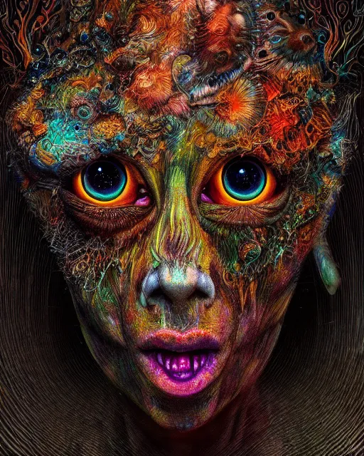 Image similar to realistic portrait of a creature experiment gone wrong, psychedelic, dark art, facing camera, photo realistic, detailed, 1 4 5 0, delicate, hyper realism, ultra realistic, 8 k