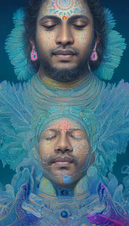 Prompt: indian master, meditation, universe, dream, highly detailed, digital painting, refreshing, trending on artstation, octane render, hyper realistic, illustration by james jean